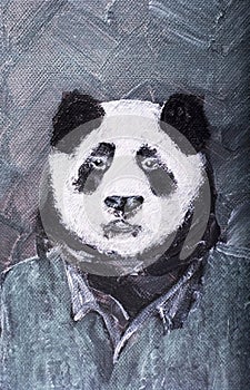 Panda in suit painting on tweed background