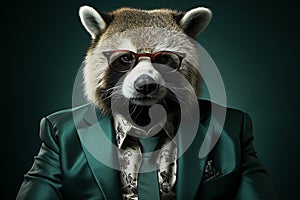 Panda with sunglasses wearing suit and tie on solid background. Generative AI