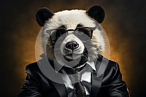 Panda with sunglasses wearing suit and tie on solid background. Generative AI