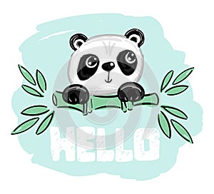 Panda vector print, baby shower card. Hello panda cartoon illustration, greeting card, kids cards for birthday poster or