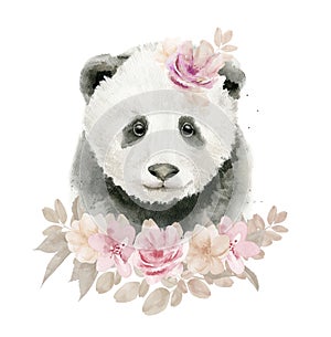 Panda Watercolor Animal Cute Drawing Flower Art. Watercolour illustration isolated on white background.