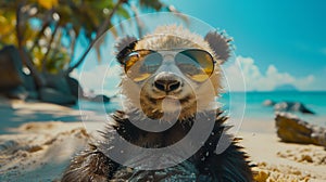 Panda wearing sunglasses lounges on a beach,enjoying the sun