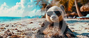 Panda wearing sunglasses lounges on a beach,enjoying the sun