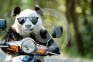 Panda wearing sunglasses and riding a motorcycle through a forest, showcasing a cool and adventurous look. photo