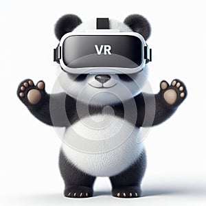 Panda wearing virtual reality glasses. Isolated on white background