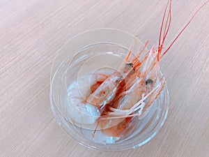 Pandalus borealis or Coldwater shrimp or Pink shrimp or Deepwater shrimp or Sweet shrimp or Amaebi or Akaebi in Japan.