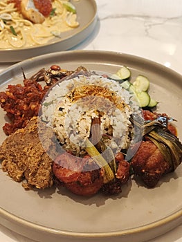 Pandan leaf chicken, beef rendang with rice