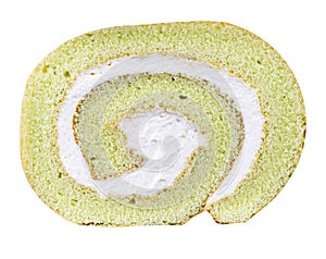Pandan roll cake isolated on white background with clipping path