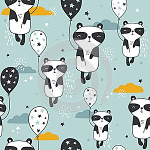 Pandas with air balloons, hand drawn background. Colorful seamless pattern with cute animals, stars, clouds