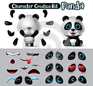 Pandas character animal  vector creation set. Panda characters animal eyes, mouth and body parts kit editable create for cartoon.