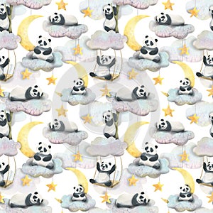 Pandas on the clouds and on a swing in the sky with stars and the moon on a white background. Watercolor illustration