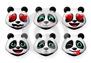 Pandas emojis and bear emoticons vector set. Panda bear head face emoji like shy and inlove cute expressions.