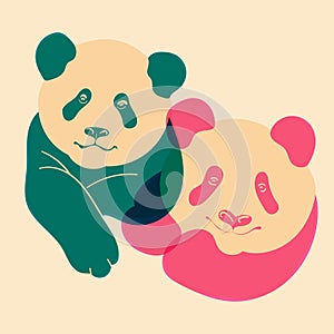 Pandas. Illustration with Riso print effect. Flat style