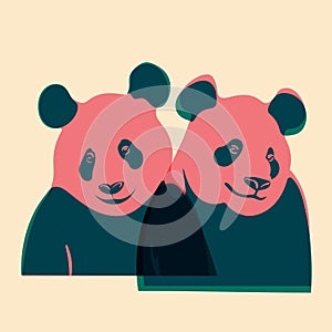 Pandas. Illustration with Riso print effect. Flat style