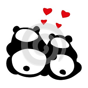 Pandas in love with hearts, black silhouette back on a white background. Minimalism style. Tattoo, emblem for design of clothes