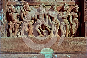 Pandavas and Draupadi panel close-up Stone Sculptue at Dashavatar Temple Gupta style architecture Deogarh near Betwa River Utta photo