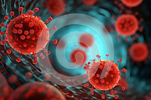 Pandemic alert 3D rendering of COVID 19 virus cells in medical illustration