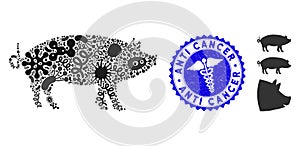 Pandemic Collage Pig Icon with Medic Grunge Anti Cancer Stamp