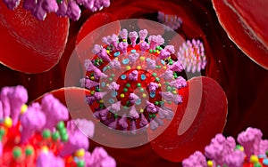Pandemic Coronavirus COVID 19 with blood cells inside vein