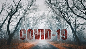 Pandemic of coronavirus and spooky dark forest and road. Covid-19