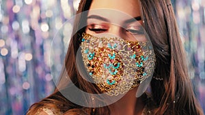 Pandemic fashion oriental beauty woman gold mask