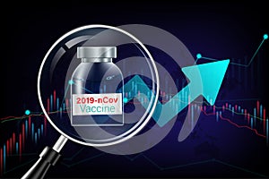 Pandemic flu coronavirus or covid 19 outbreak concept. Magnification glass vaccine and economy chart background. Vector