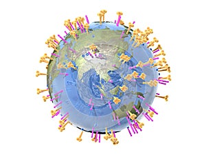 Pandemic. Influenza virus like a globe, focus on asia and australia, medically 3D illustration