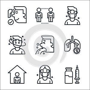 Pandemic line icons. linear set. quality vector line set such as vaccine, patients, stay at home, lungs, vomit, patient, patient,