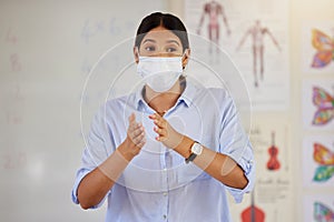 Pandemic, mask and doctor talking at school career presentation or parent and teacher meeting. Covid protocol and