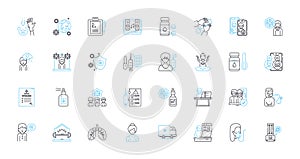 Pandemic outbreak linear icons set. Virus, Infection, Outbreak, Quarantine, Lockdown, Pandemic, Contagious line vector photo