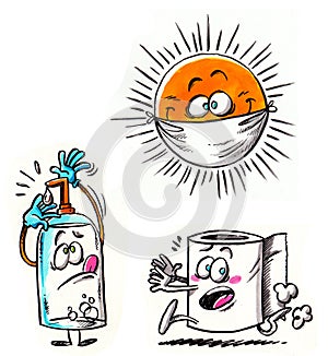 Pandemic resources covid-19 virus disease; Sun with mask, a roll of toilet, and a bottle of hydroalcoholic gel photo