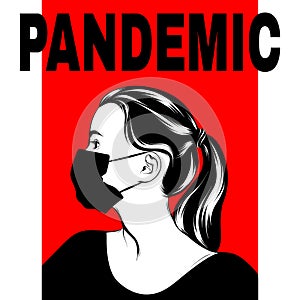 Pandemic. Vector  hand drawn  illustration of girl in face mask made in sketch  style . photo