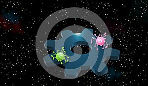 Pandemic, virus. Firmament of stars in the background. Gear wheels. 3D illustration. Symbol. Abstract graphic.
