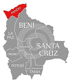 Pando red highlighted in map of Bolivia photo