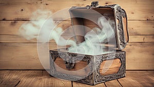 pandoras box with smoke on a wooden background