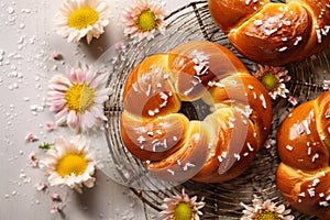 Top view of Pane di Pasqua, traditional Easter bread with flowers photo