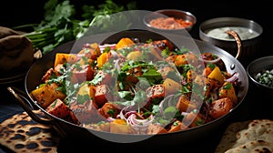 Paneer Sabji or Curry with Two Chappati in Plate on Blurry Background Image