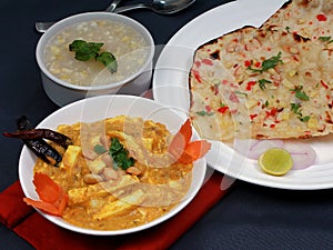 Paneer shahi korma, kashmiri naan, sweet corn soup-combo meal