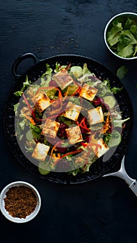 Paneer sizzler sizzling hot dish of Indian cottage cheese and salad