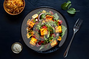Paneer sizzler sizzling hot dish of Indian cottage cheese and salad