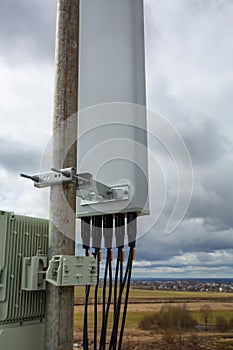 Panel antenna of GSM DCS UMTS LTE bands and outdoor remote radio unit are as part of communication equipment of basic