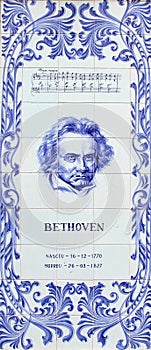 A panel of Azulejos blue tiles depicting Ludwig van Beethoven the German composer and pianist.