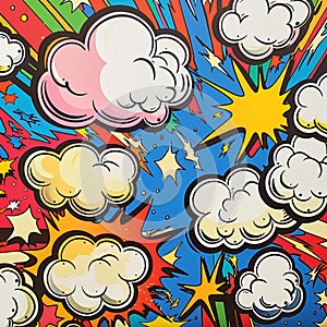 panel collage featuring vibrant comic-style illustrations of sunbursts, clouds, and explosive effects with halftone patterns