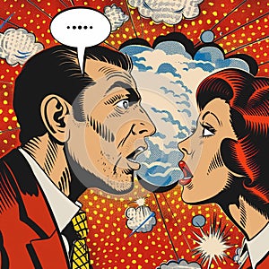 comic strip style artwork showing close-ups of a people's shocked expression and empty speech bubbles with halftone detail