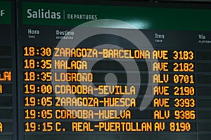 Panel with departure times of trains