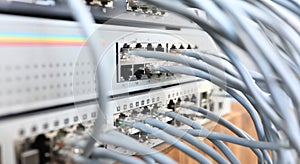 Panel with many cords on internet swith connection