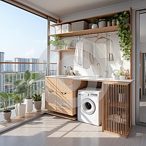 Panel style custom balcony storage laundry cabinet with a dressing table Royal Gold panel style