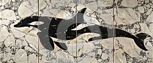 panel wall art, marble background with orca designs , wall decor