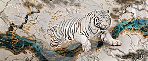 panel wall art, marble background with White Bengal Tiger design