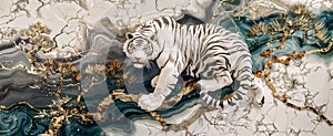 panel wall art, marble background with White Bengal Tiger design